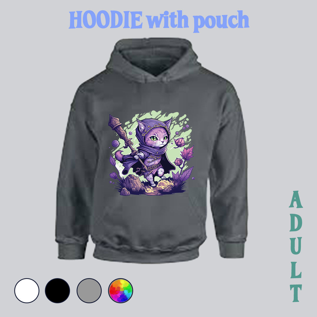 Hoodie with pocket pouch - mage cat, magical cat, cat hoodie, magical cat, mage cat sweater, dm hoodie, tabletop hoodie, gamer hoodie, made in house, dtf, digital transfer, my art, my design