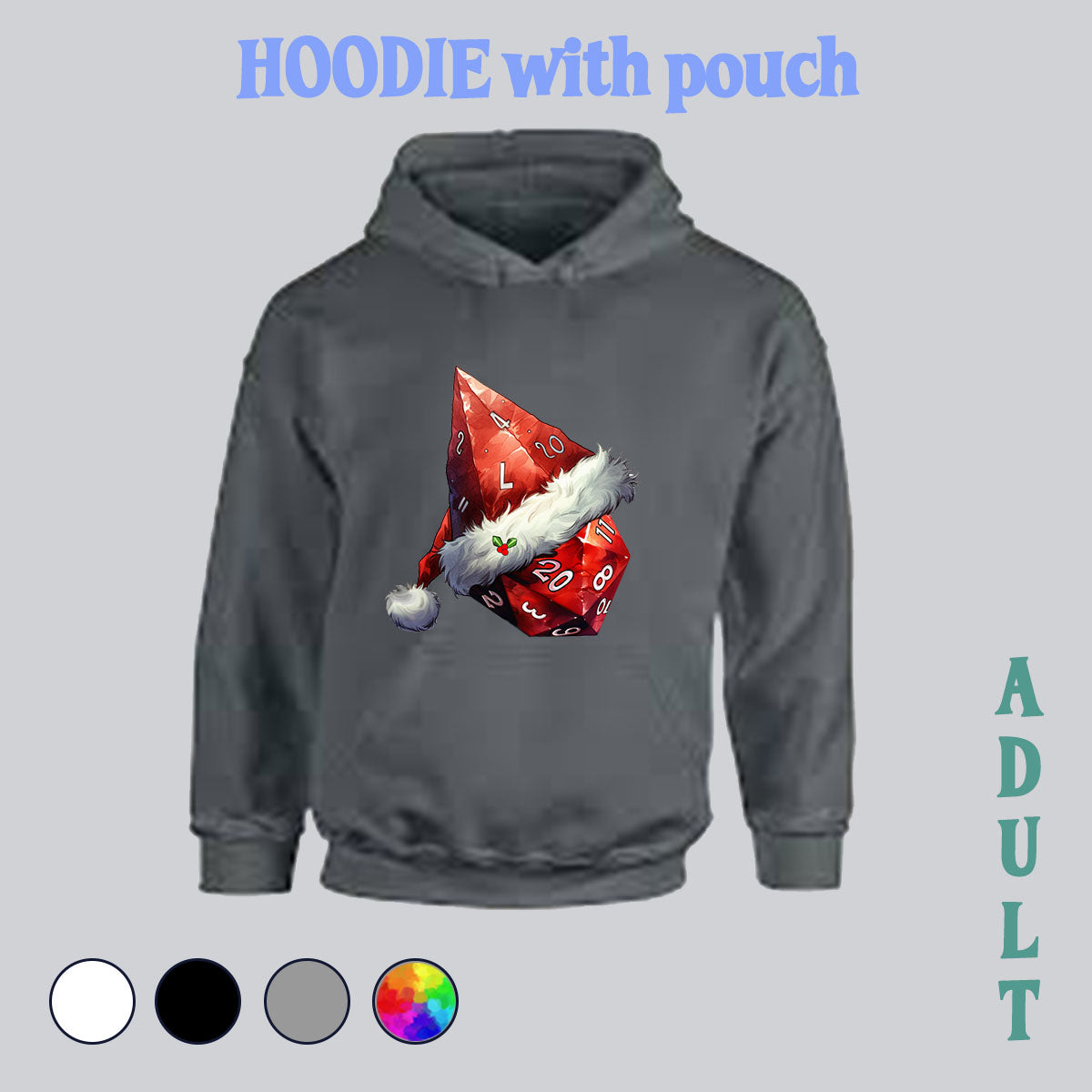 Hoodie with pocket pouch - D20, Santa, Christmas, nerdy Christmas, dice, dice hoodie, dice shirt, polyhedral dice,, made in house, dtf, digital transfer, my art, my design