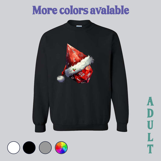 SWEATSHIRT (no pocket or hood) - D20, Santa, Christmas, nerdy Christmas, dice, dice sweater, dice sweatshirt, polyhedral dice, made in house, dtf, digital transfer, my art, my design