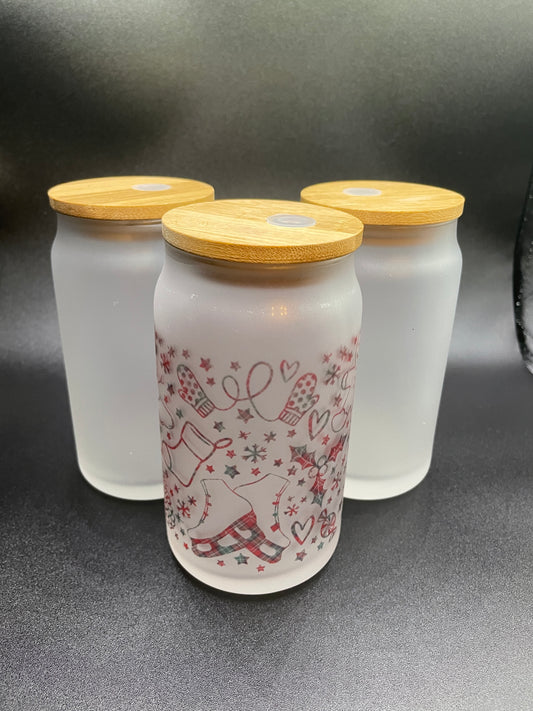 Christmas memories glass libby cup - glass cup with one of a kind Xmas design, holiday, Xmas, Christmas, pinecone, sublimation, tumbler, custom, blank