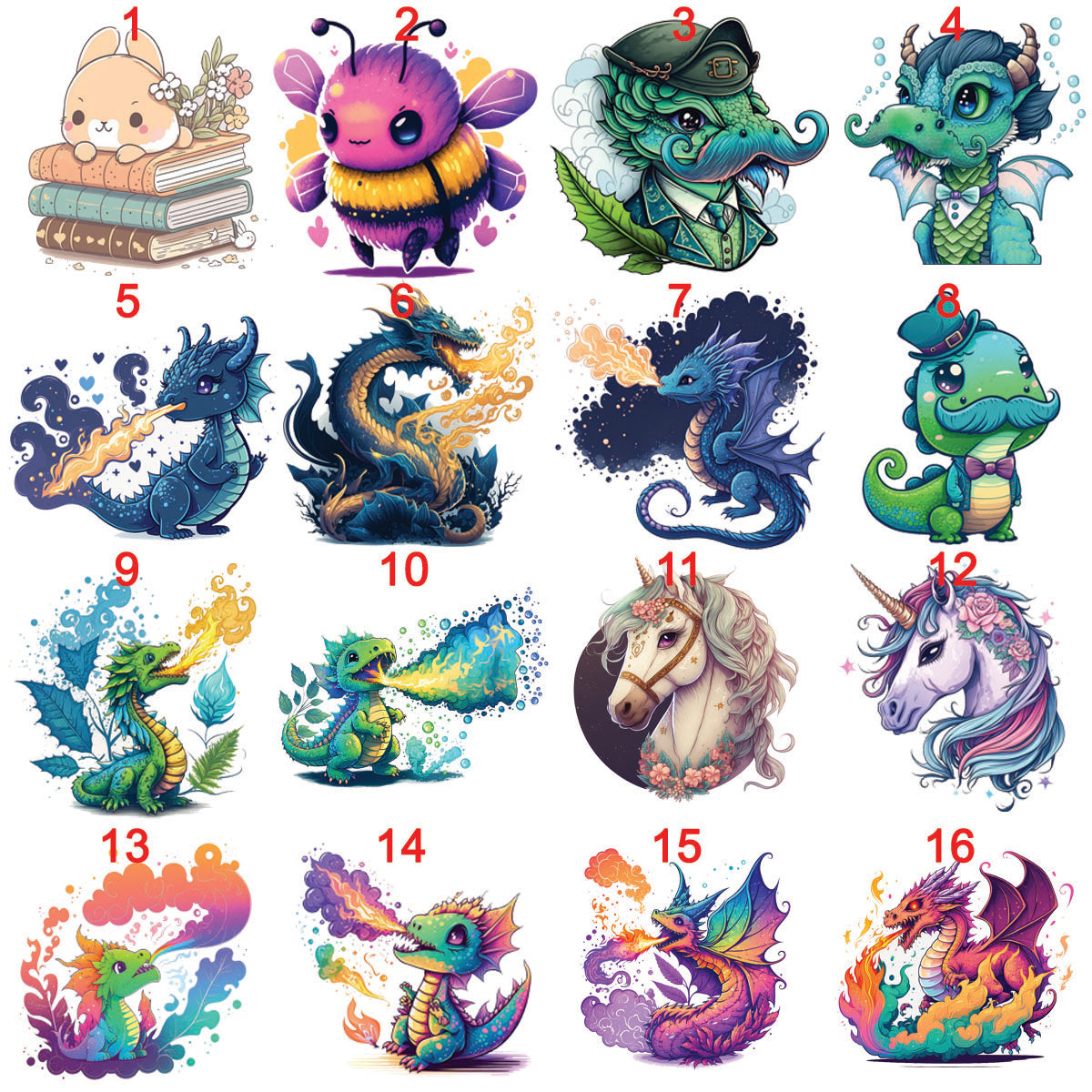 STICKERS 4- My Art Stickers, dragons, colorful, bunnies, faries, fairy, faery, magic, mythical, bear, giraffe, wearwolf, lizard, dinosaur,