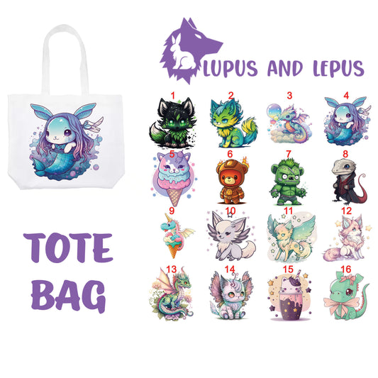 TOTE BAG 2 - My Art tote bag, dragons, colorful, bunnies, faries, fairy, faery, magic, mythical, bear, giraffe, wearwolf, lizard, dinosaur,