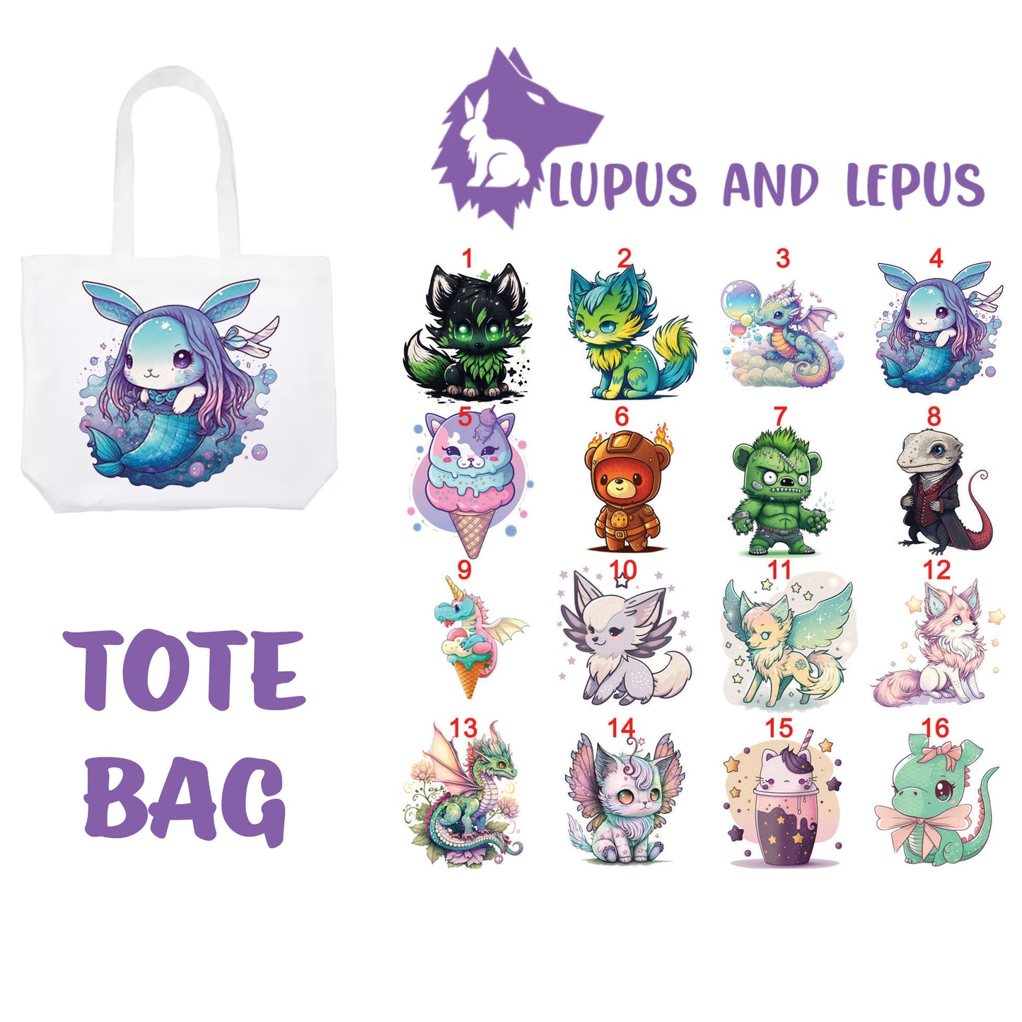TOTE BAG 2 - My Art tote bag, dragons, colorful, bunnies, faries, fairy, faery, magic, mythical, bear, giraffe, wearwolf, lizard, dinosaur,