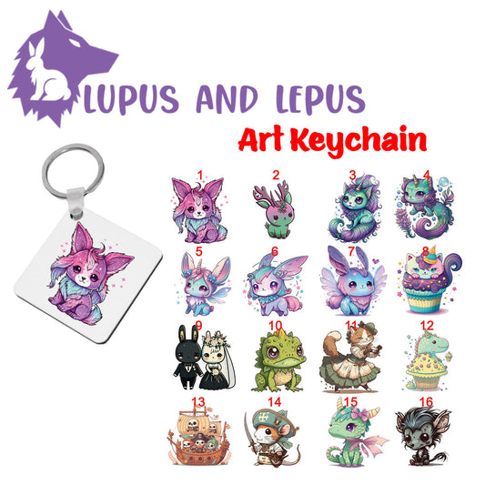 Wooden Sublimation Keychains 1 - My Art in the form of keychains, dragons, colorful, bunnies, faries, fairy, faery, magic, mythical, bear, giraffe, wearwolf, lizard, dinosaur,