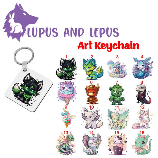 Wooden Sublimation Keychains 2 - My Art in the form of keychains, dragons, colorful, bunnies, faries, fairy, faery, magic, mythical, bear, giraffe, wearwolf, lizard, dinosaur,