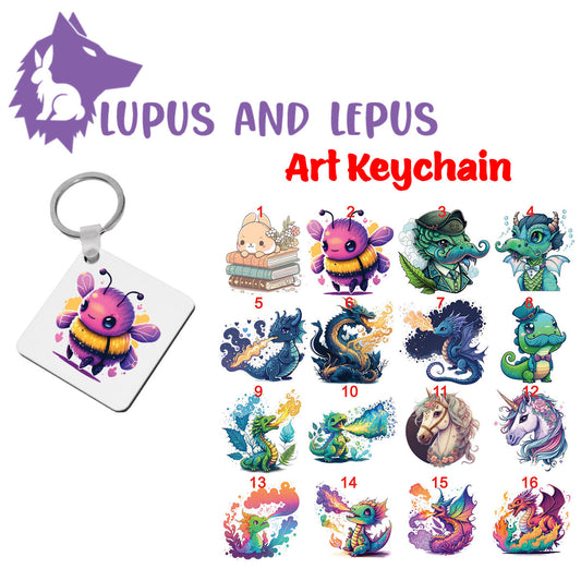 Wooden Sublimation Keychains 4 - My Art in the form of keychains, dragons, colorful, bunnies, faries, fairy, faery, magic, mythical, bear, giraffe, wearwolf, lizard, dinosaur,