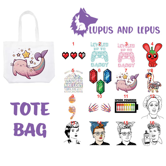 TOTE BAG 6 - My Art tote bag, dragons, colorful, bunnies, lucy, I love lucy, gamer, gamer dad, leveled up to daddy, rupee, gem, semi colon, zelda, mermaid cag