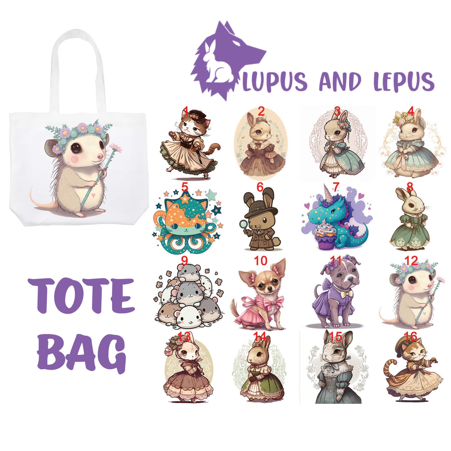 TOTE BAG 9 - My Art tote bag, colorful, bunnies, dog, dogs, cat, possum opossum, fancy bunny, easter, rabbit, victorian, chihuahua, pit bull