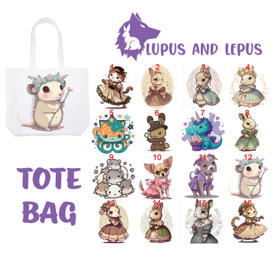 TOTE BAG 9 - My Art tote bag, colorful, bunnies, dog, dogs, cat, possum opossum, fancy bunny, easter, rabbit, victorian, chihuahua, pit bull