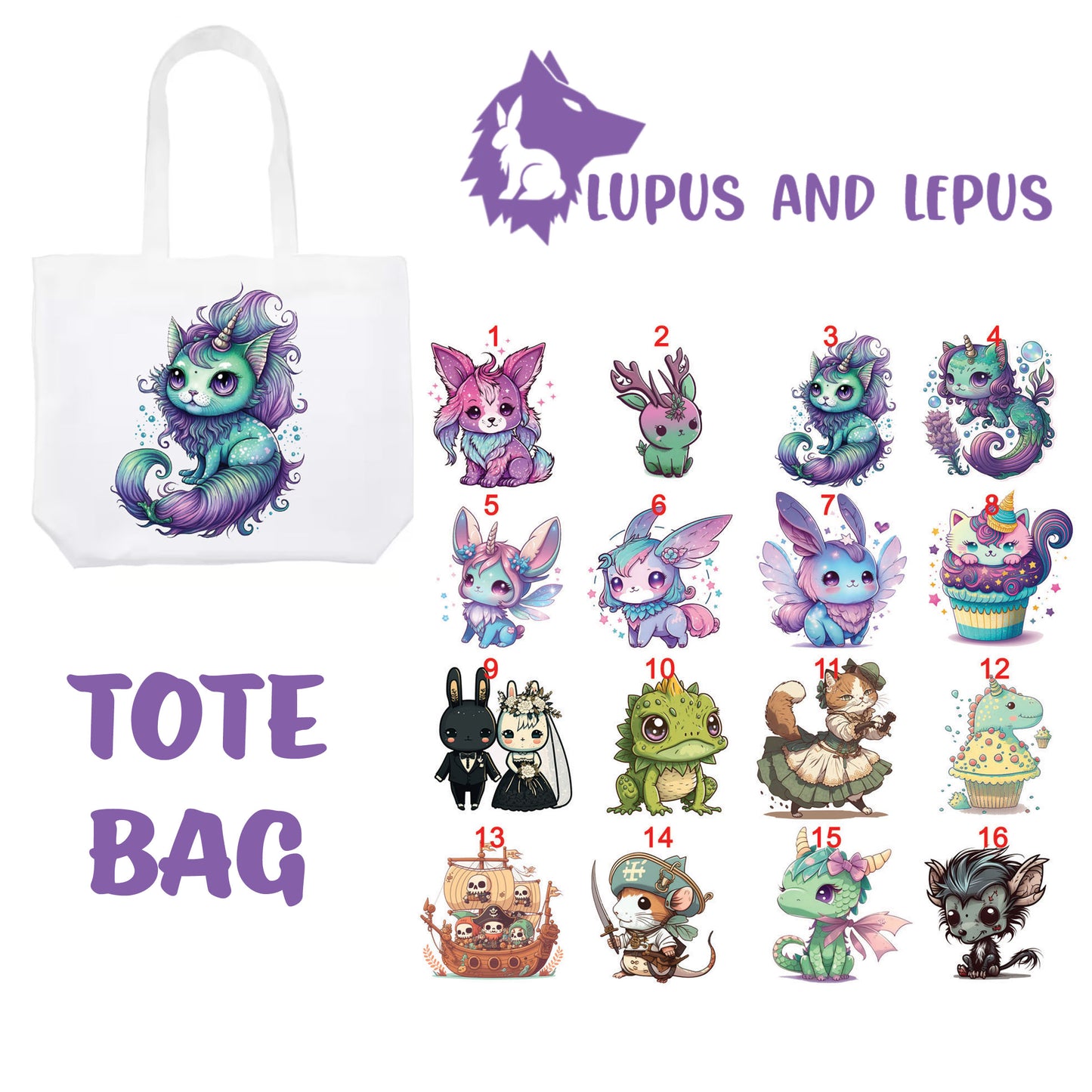 TOTE BAG 1 - My Art tote bag, dragons, colorful, bunnies, faries, fairy, faery, magic, mythical, bear, giraffe, wearwolf, lizard, dinosaur,