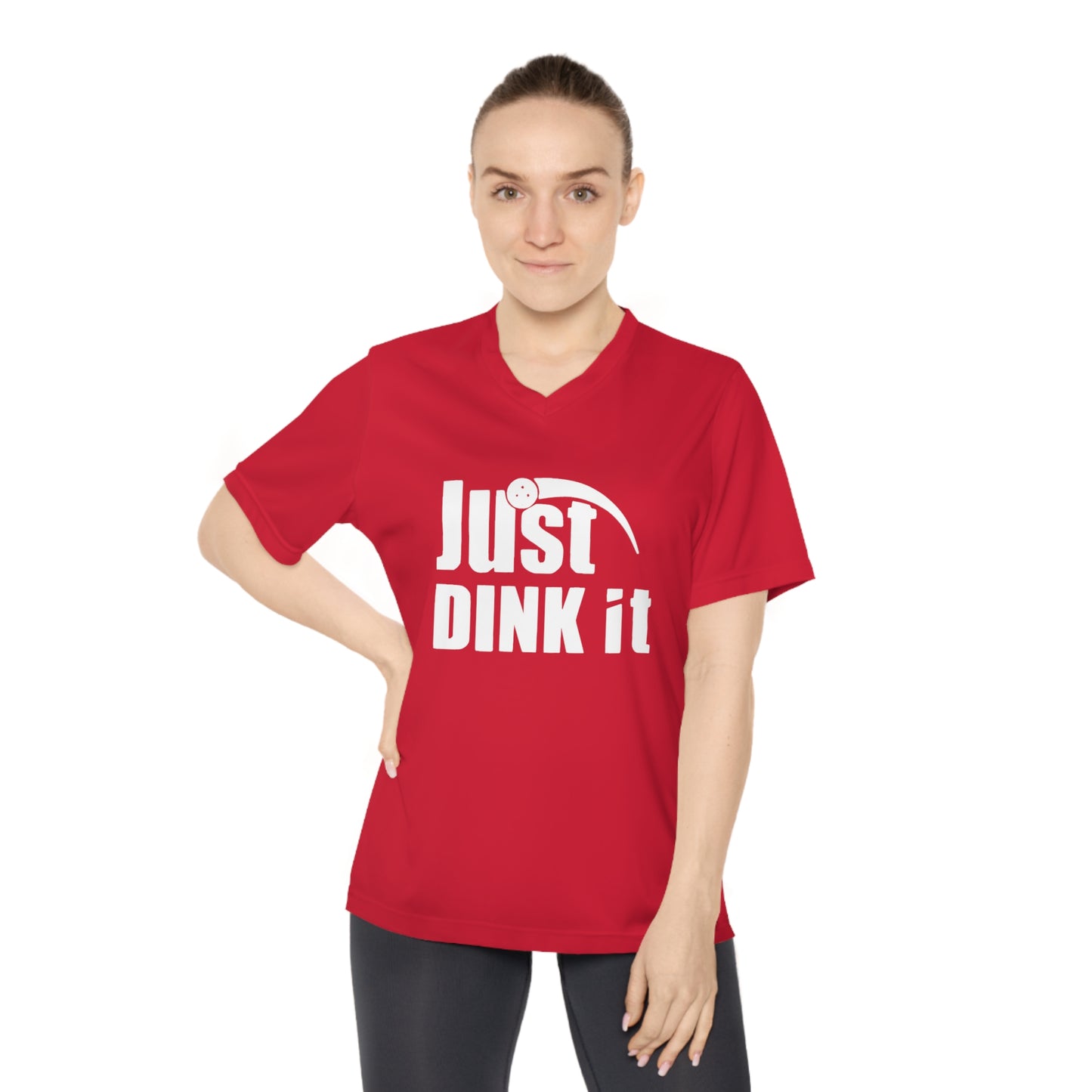 white pickleball just dink it  - Women's Performance V-Neck T-Shirt, JUST DINK IT, pun, punny, pickleball, pickle ball, workout top, workout shirt, pickleball shirt, I love pickleball,