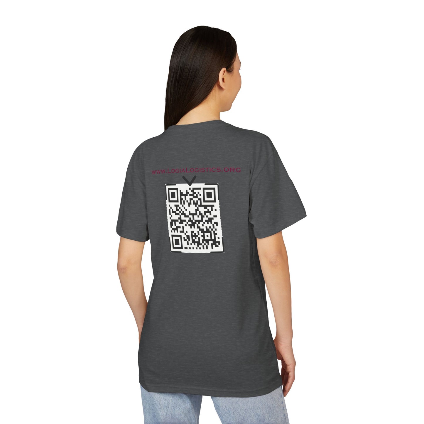 Logia Nonprofit Logistics, logia logistics, non prophet, Unisex Sueded T-Shirt, qr on back