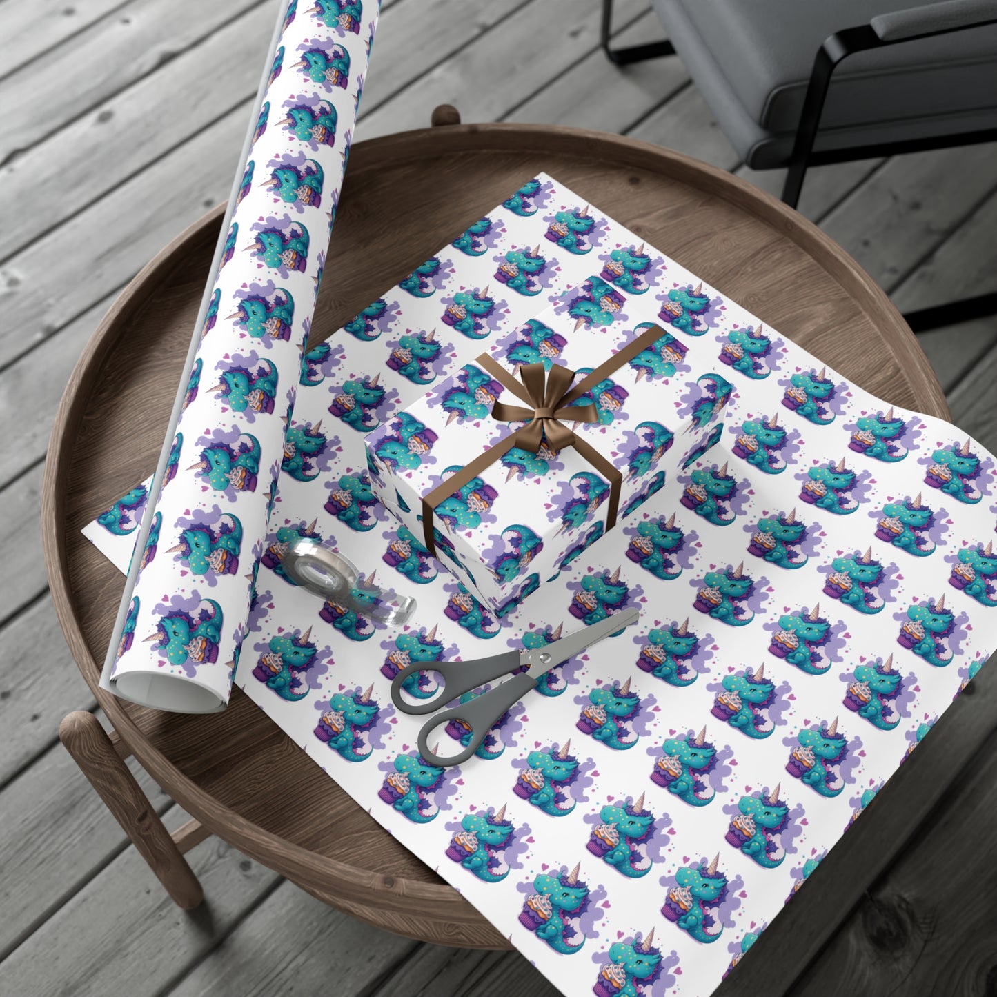 (white) cute dragon with cupcake, dragon, dragon wrapping paper, dragon gift wrap, birthday, birthday party, gift wrap, wrapping paper, happy birthday, cute dragon