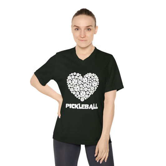 white pickleball heart - Women's Performance V-Neck T-Shirt, pickleball, pickle ball, workout top, workout shirt, pickleball shirt, heart, pickleball heart, I love pickleball,