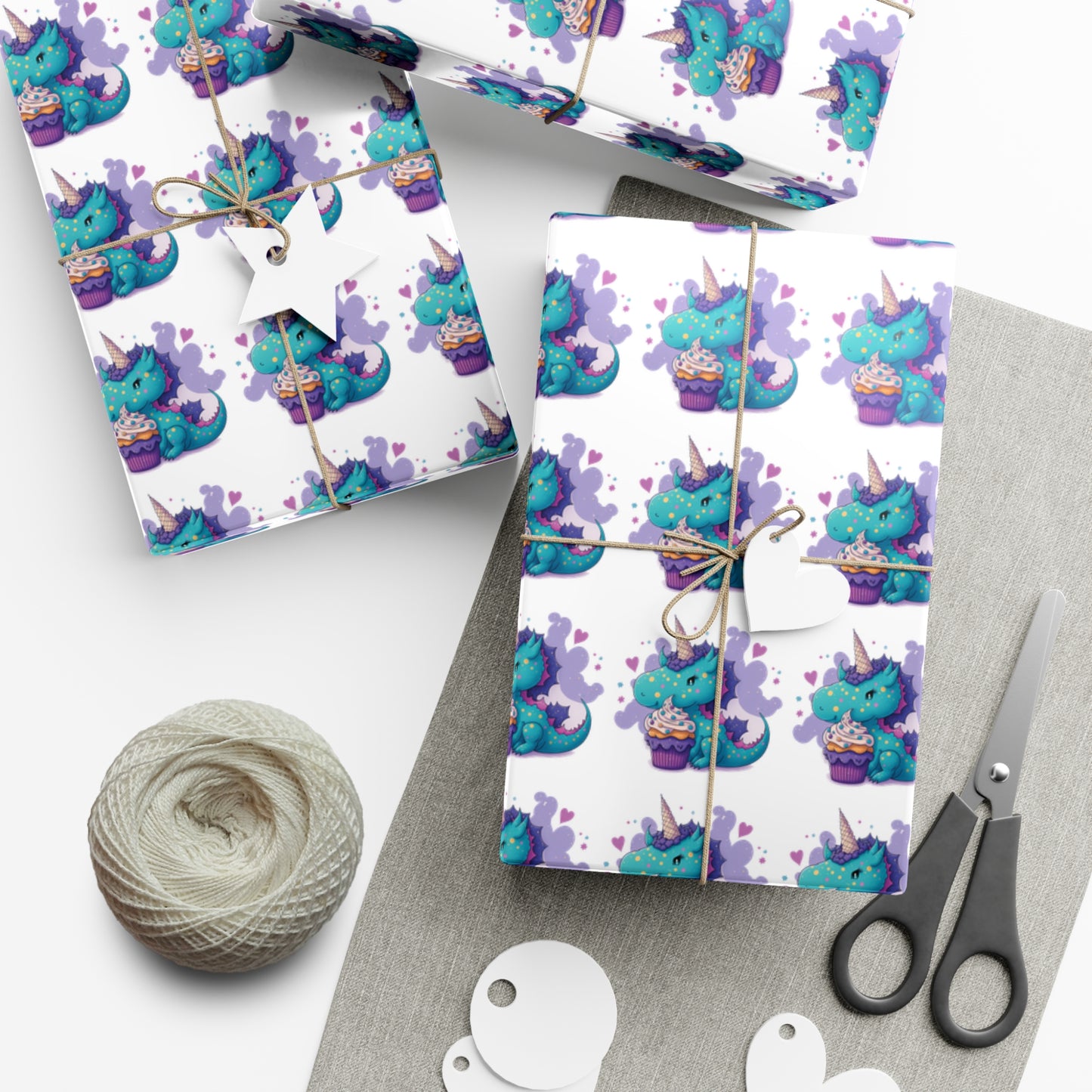 (white) cute dragon with cupcake, dragon, dragon wrapping paper, dragon gift wrap, birthday, birthday party, gift wrap, wrapping paper, happy birthday, cute dragon