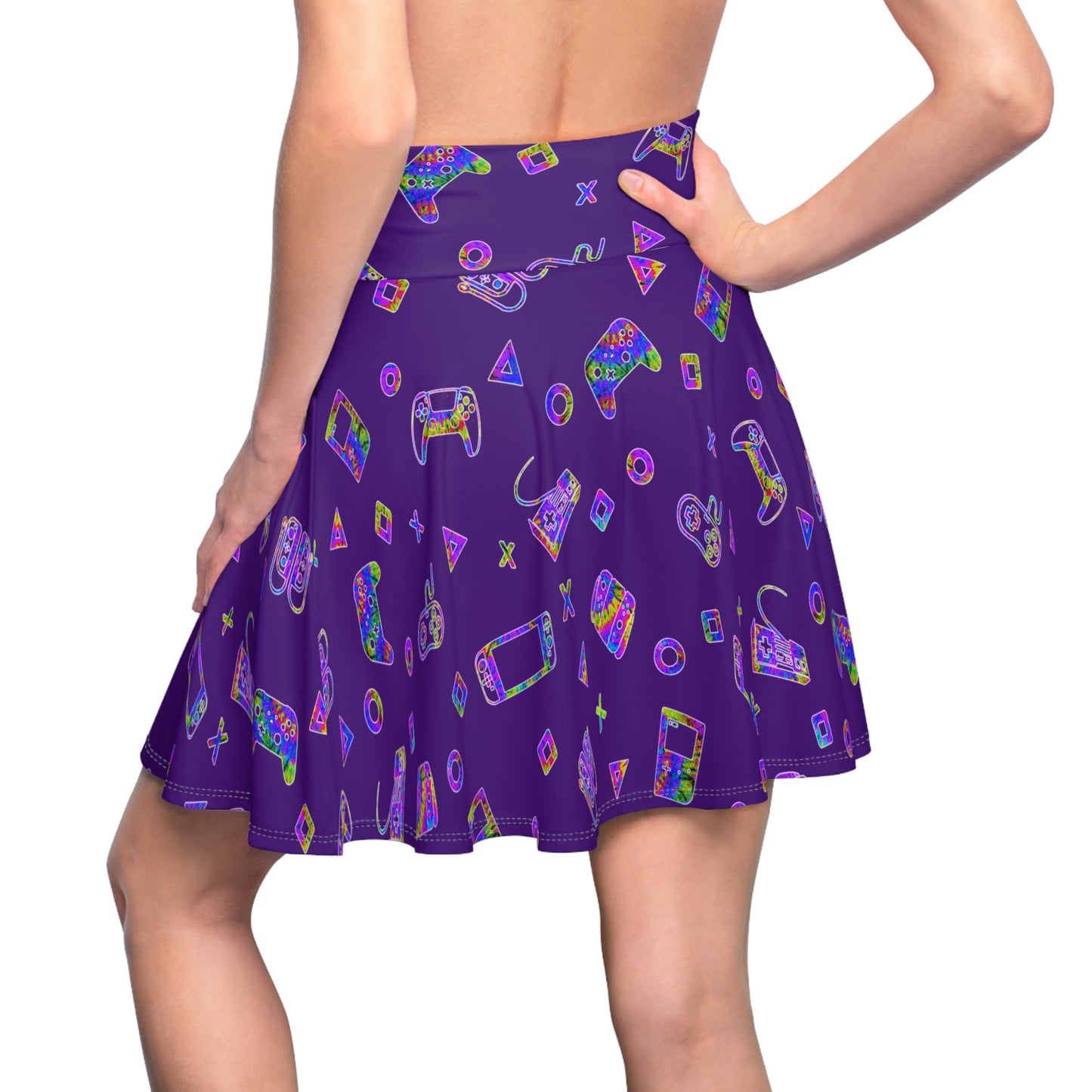 purple gamer skirt, Women's Skater Skirt, gamer skirt, gamer dress, nerdy dress, gamer girl, nerdy girl, nerd girl, handheld, console gamer, pc gamer, player 1, player 2, leveled up,