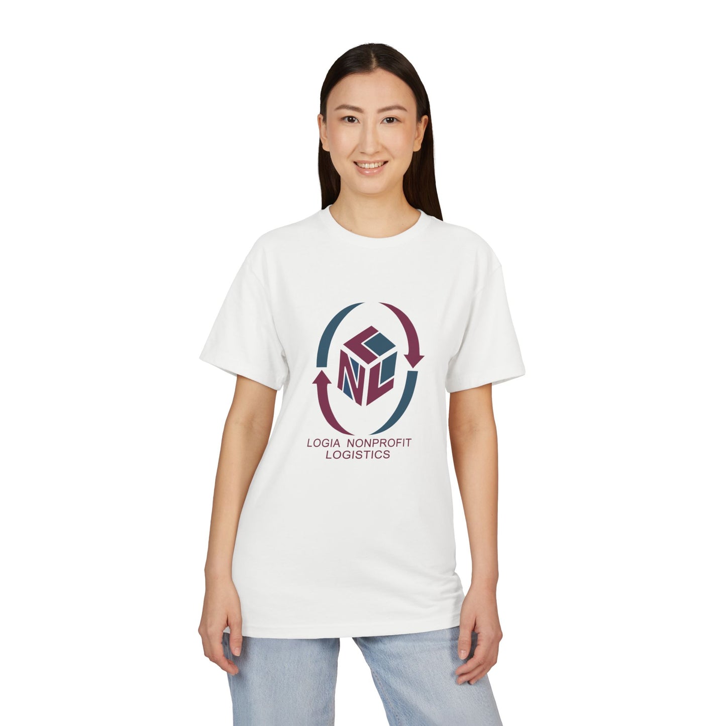 Logia Nonprofit Logistics, logia logistics, non prophet, Unisex Sueded T-Shirt, qr on back