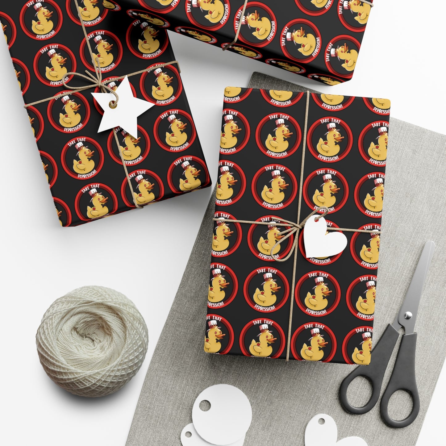 (black background) take that depression gift wrap, take that depression, take that depression wrapping paper, wrapping paper, gift wrap, rubber duck, rubber duckey, duck, parody, inside joke