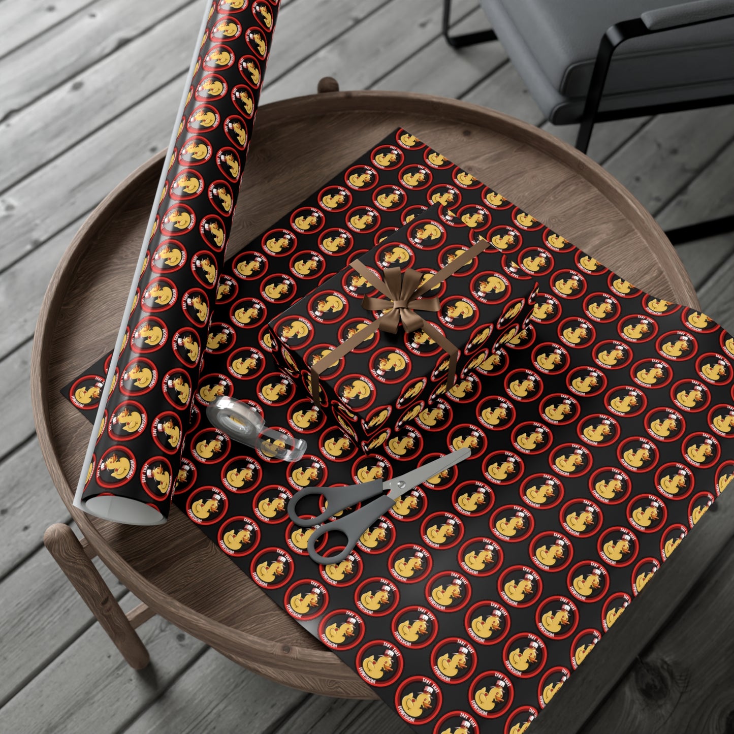 (black background) take that depression gift wrap, take that depression, take that depression wrapping paper, wrapping paper, gift wrap, rubber duck, rubber duckey, duck, parody, inside joke