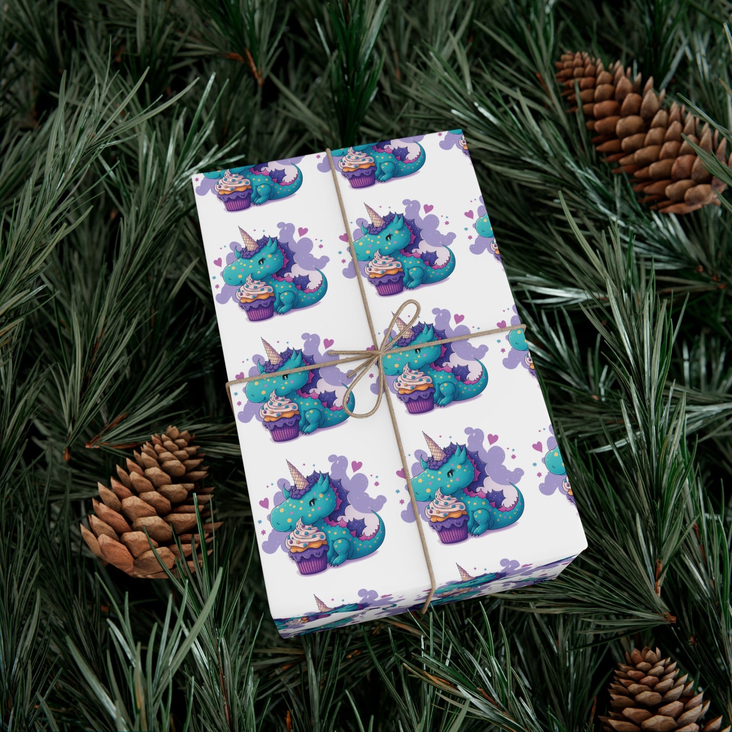 (white) cute dragon with cupcake, dragon, dragon wrapping paper, dragon gift wrap, birthday, birthday party, gift wrap, wrapping paper, happy birthday, cute dragon