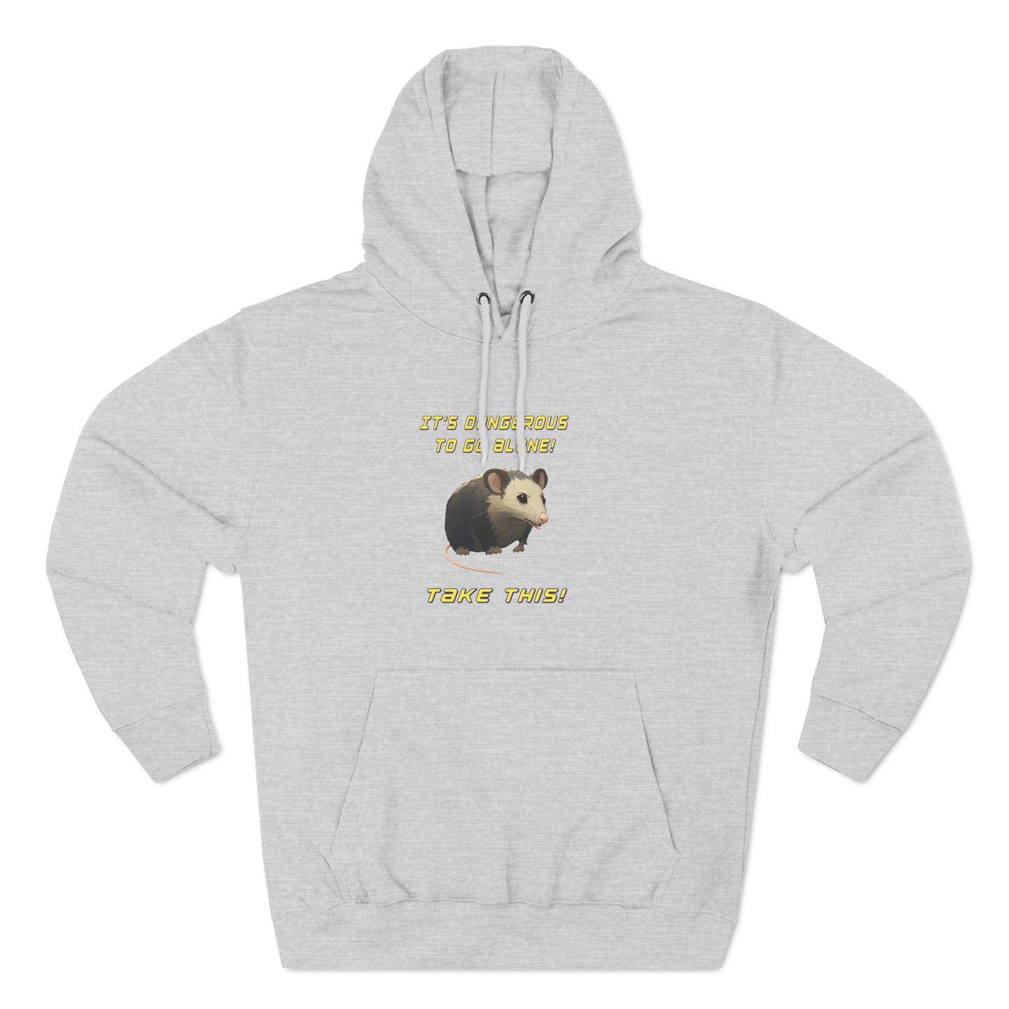 it's dangerous to go alone, hoodie, Three-Panel Fleece Hoodie, opossum, possum, oppi, possum hoodie, opossum hoodie, possum love, nerdy