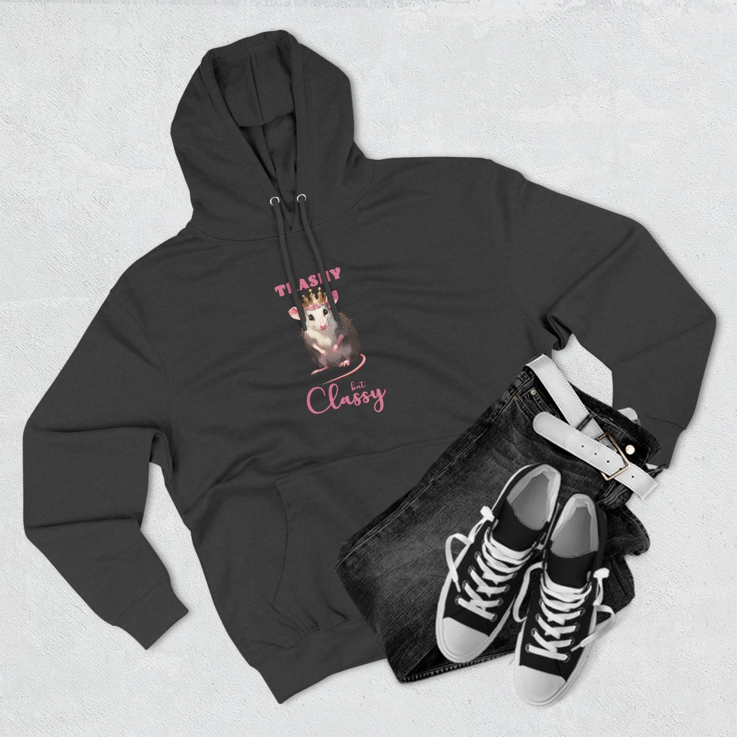 trashy but classy, hoodie, Three-Panel Fleece Hoodie, opossum, possum, oppi, possum hoodie, opossum hoodie, possum love, trashy, classy, possy, possi