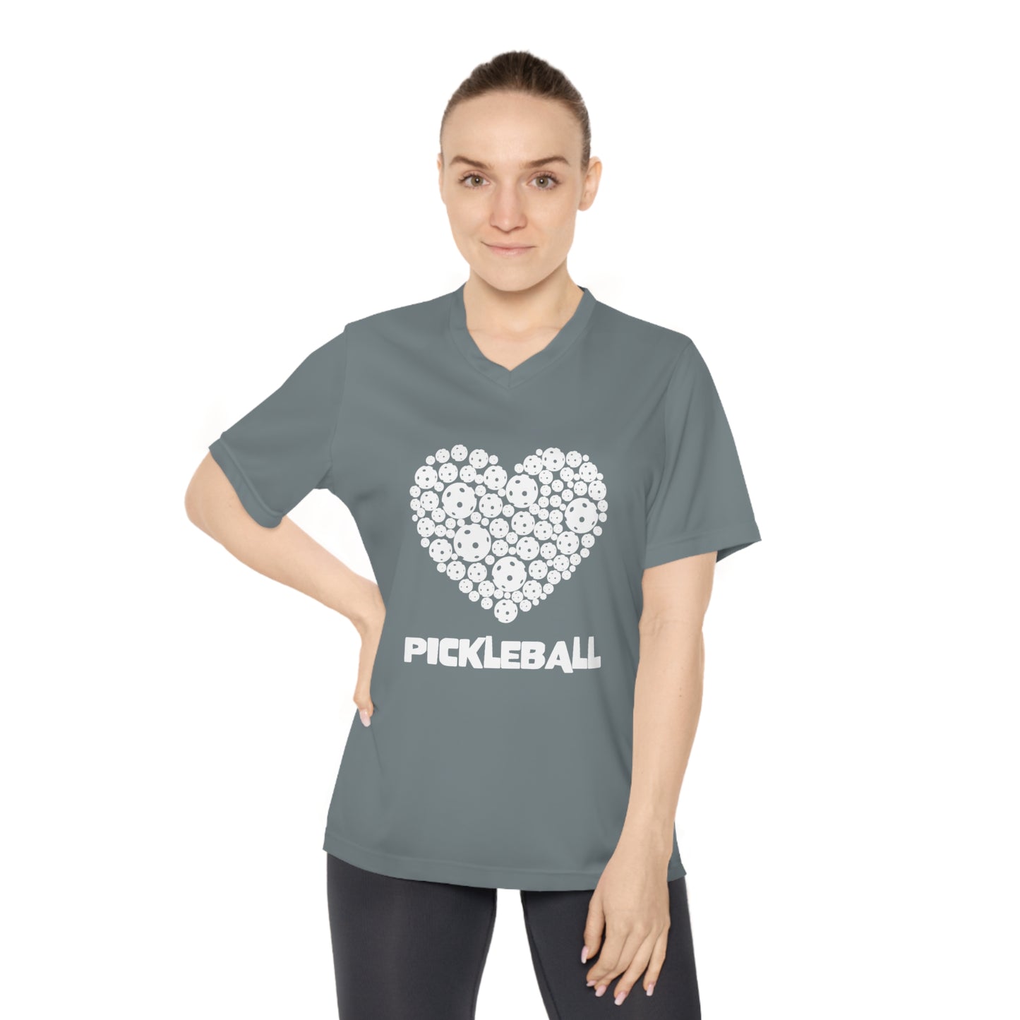 white pickleball heart - Women's Performance V-Neck T-Shirt, pickleball, pickle ball, workout top, workout shirt, pickleball shirt, heart, pickleball heart, I love pickleball,