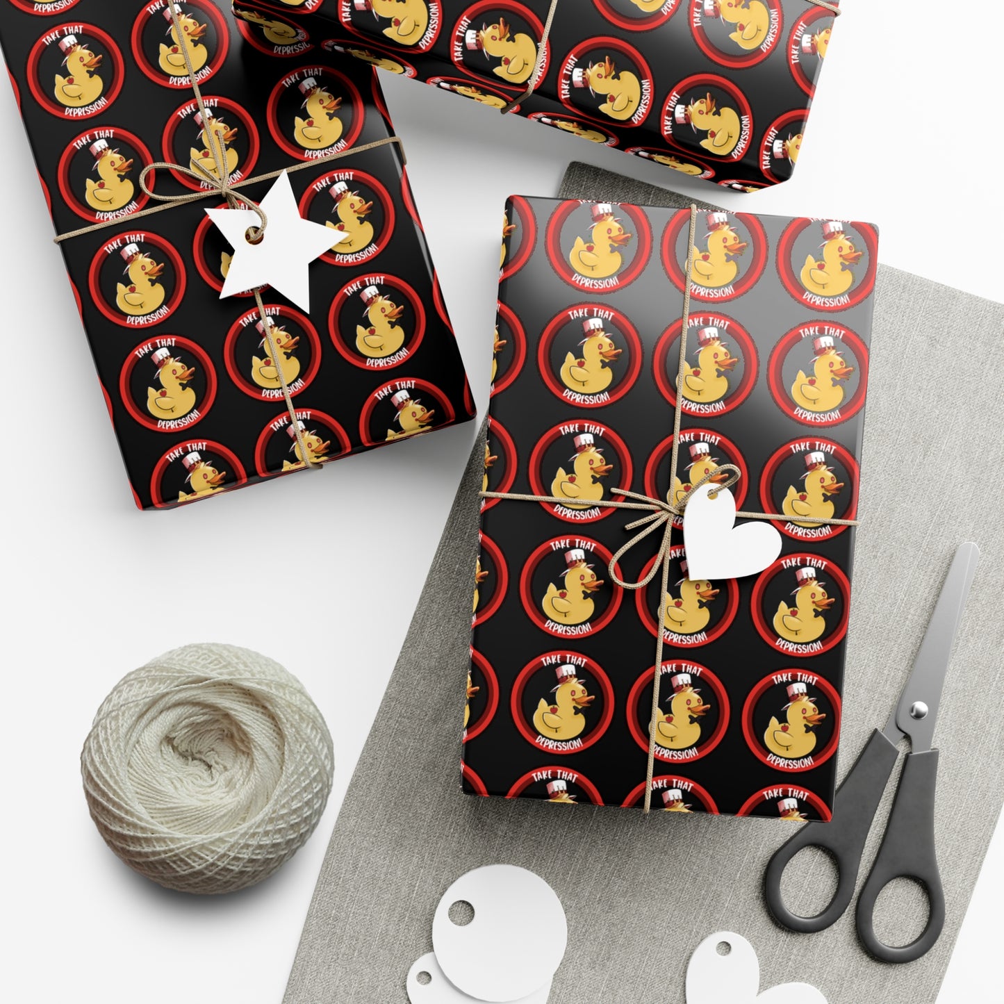 (black background) take that depression gift wrap, take that depression, take that depression wrapping paper, wrapping paper, gift wrap, rubber duck, rubber duckey, duck, parody, inside joke