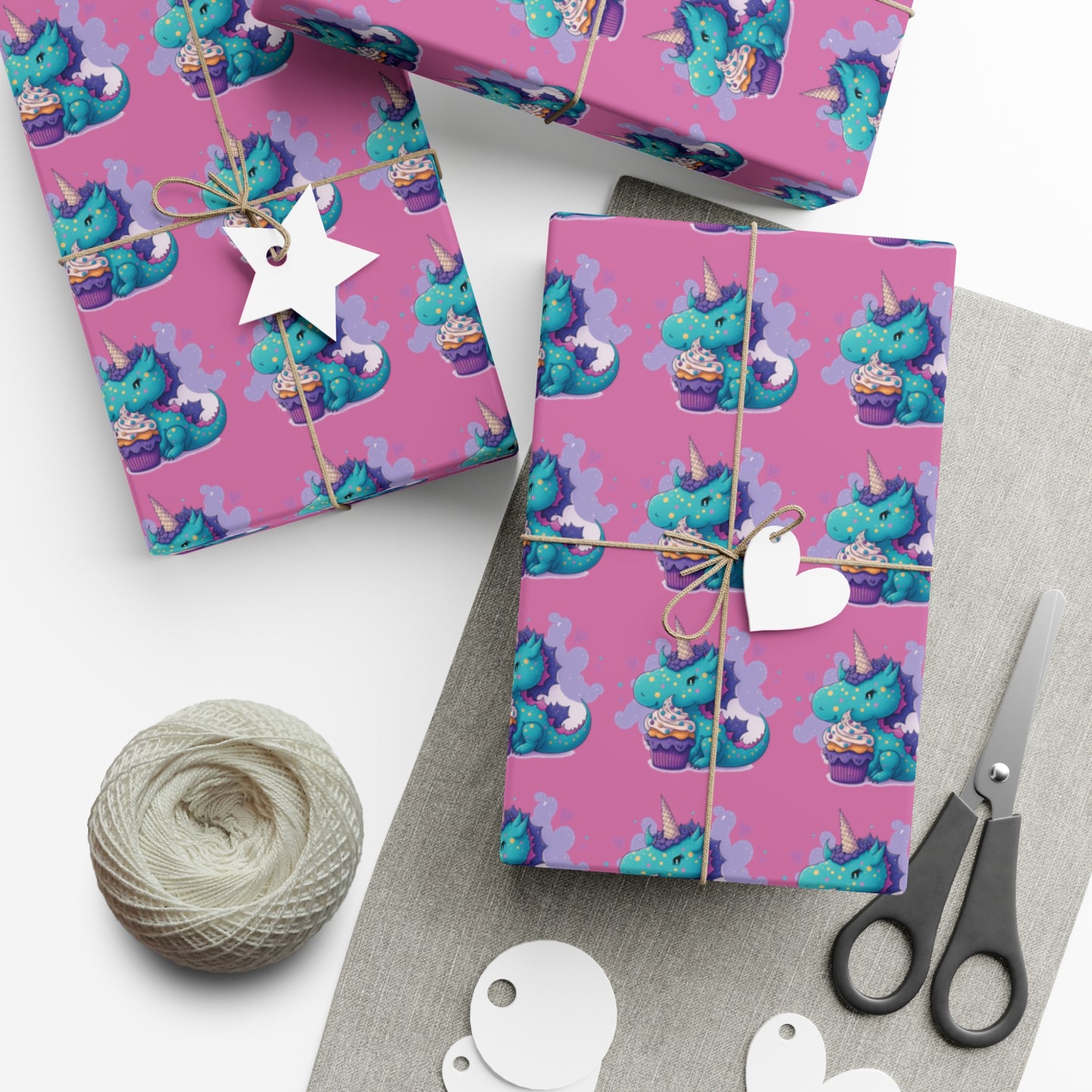 (pink) cute dragon with cupcake, dragon, dragon wrapping paper, dragon gift wrap, birthday, birthday party, gift wrap, wrapping paper, happy birthday, cute dragon