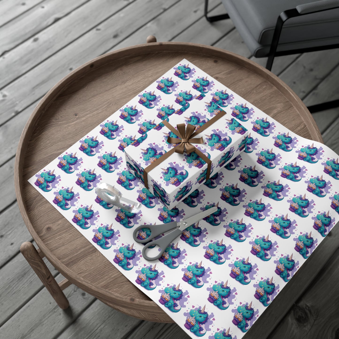 (white) cute dragon with cupcake, dragon, dragon wrapping paper, dragon gift wrap, birthday, birthday party, gift wrap, wrapping paper, happy birthday, cute dragon