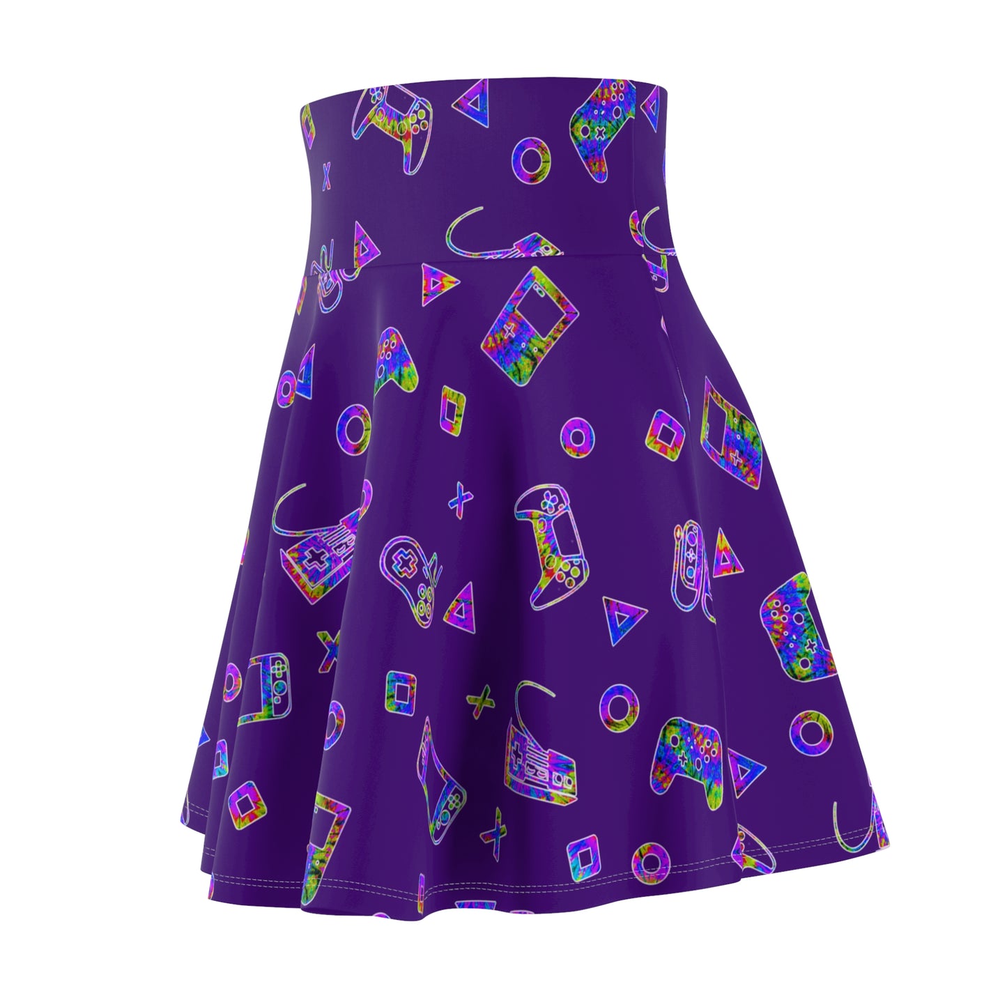 purple gamer skirt, Women's Skater Skirt, gamer skirt, gamer dress, nerdy dress, gamer girl, nerdy girl, nerd girl, handheld, console gamer, pc gamer, player 1, player 2, leveled up,