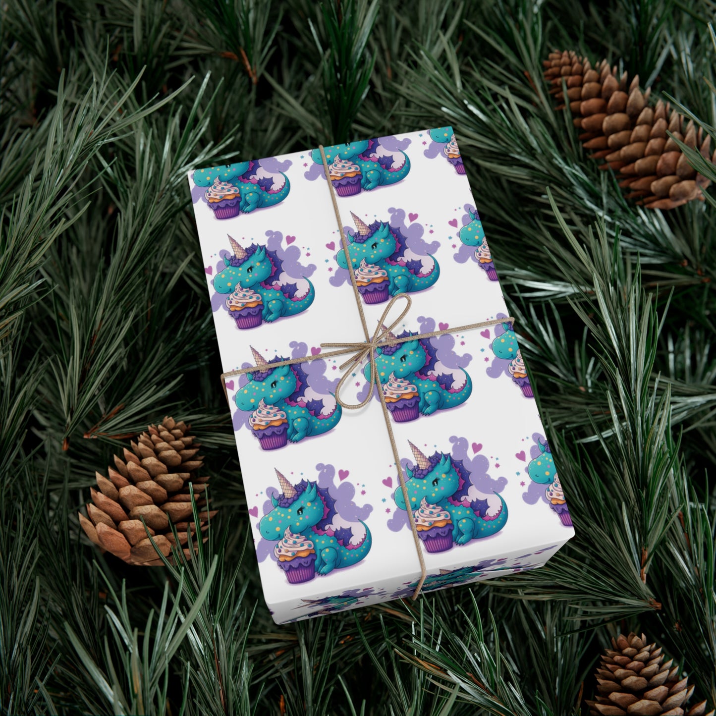 (white) cute dragon with cupcake, dragon, dragon wrapping paper, dragon gift wrap, birthday, birthday party, gift wrap, wrapping paper, happy birthday, cute dragon