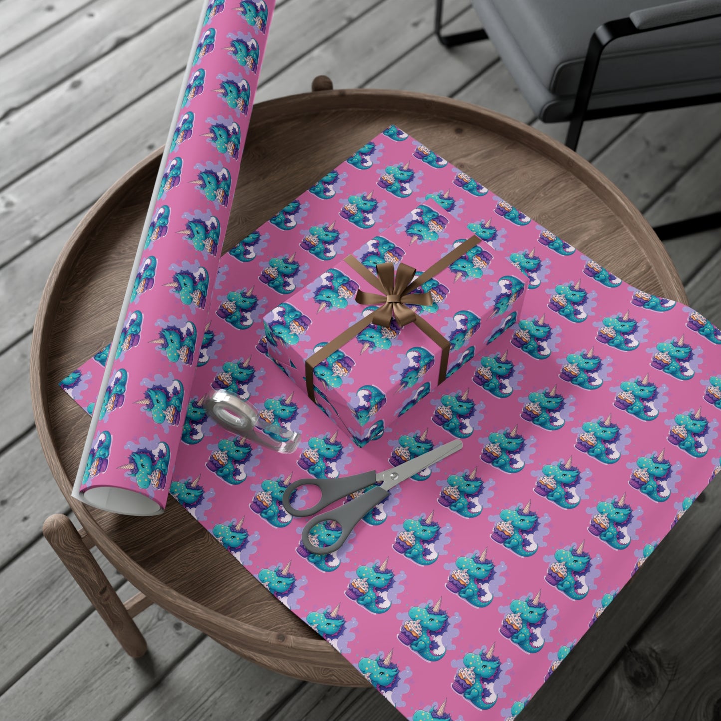 (pink) cute dragon with cupcake, dragon, dragon wrapping paper, dragon gift wrap, birthday, birthday party, gift wrap, wrapping paper, happy birthday, cute dragon