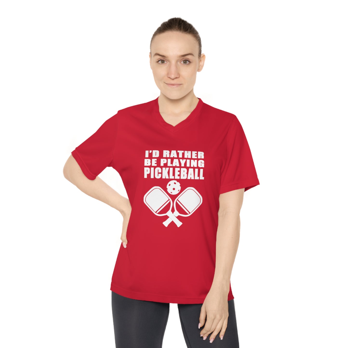 white pickleball I'd rather be playing - Women's Performance V-Neck T-Shirt, ID RATHER BE PLAYING, pickleball, pickle ball, workout top, workout shirt, pickleball shirt, heart, pickleball heart, I love pickleball,