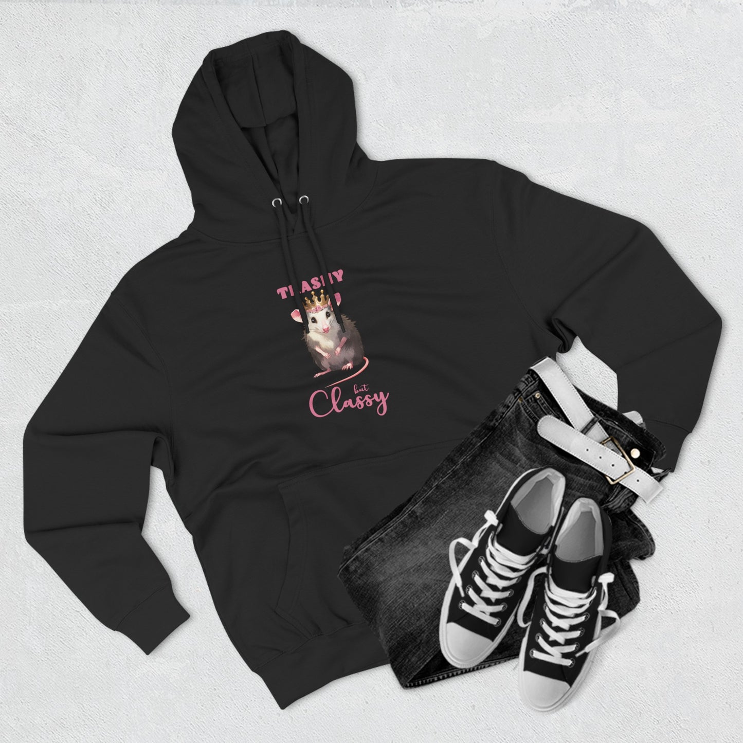 trashy but classy, hoodie, Three-Panel Fleece Hoodie, opossum, possum, oppi, possum hoodie, opossum hoodie, possum love, trashy, classy, possy, possi