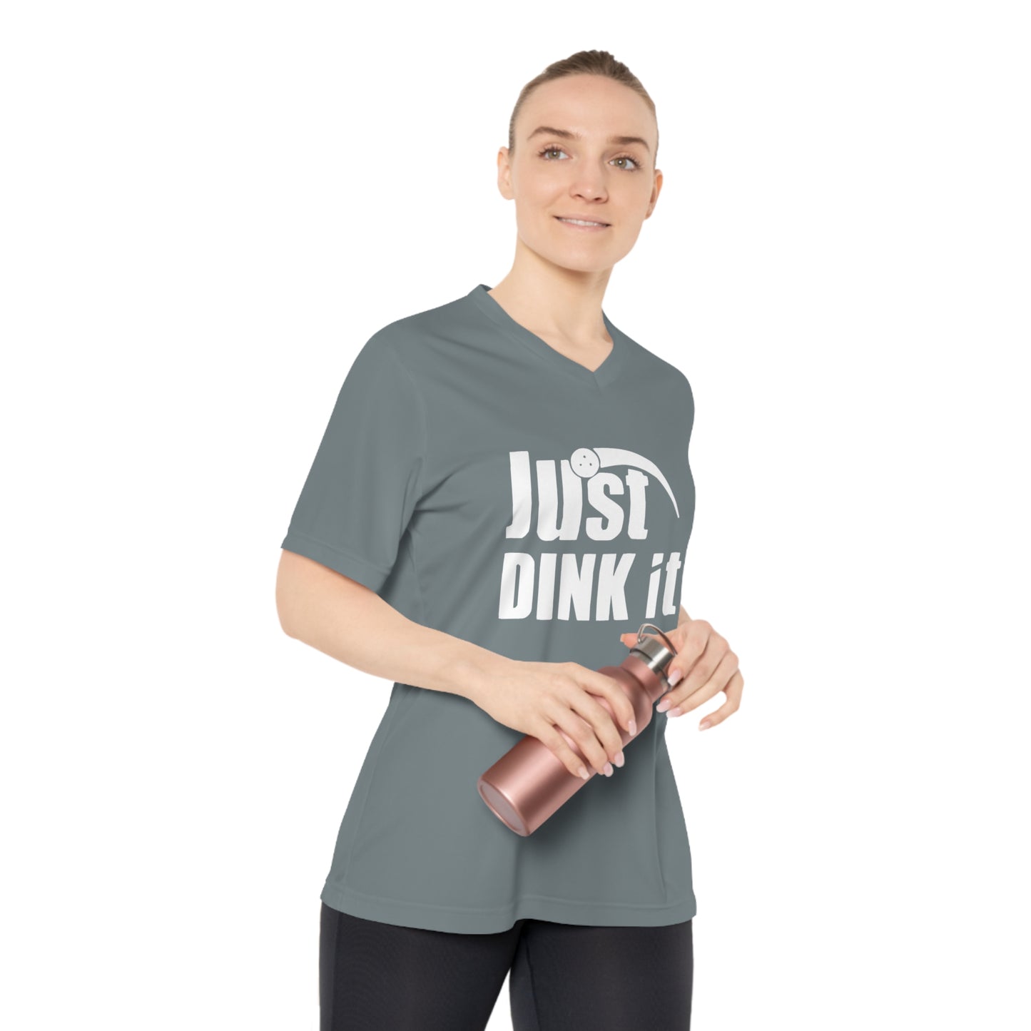 white pickleball just dink it  - Women's Performance V-Neck T-Shirt, JUST DINK IT, pun, punny, pickleball, pickle ball, workout top, workout shirt, pickleball shirt, I love pickleball,