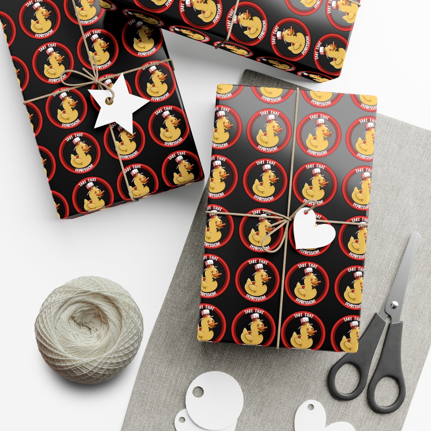 (black background) take that depression gift wrap, take that depression, take that depression wrapping paper, wrapping paper, gift wrap, rubber duck, rubber duckey, duck, parody, inside joke