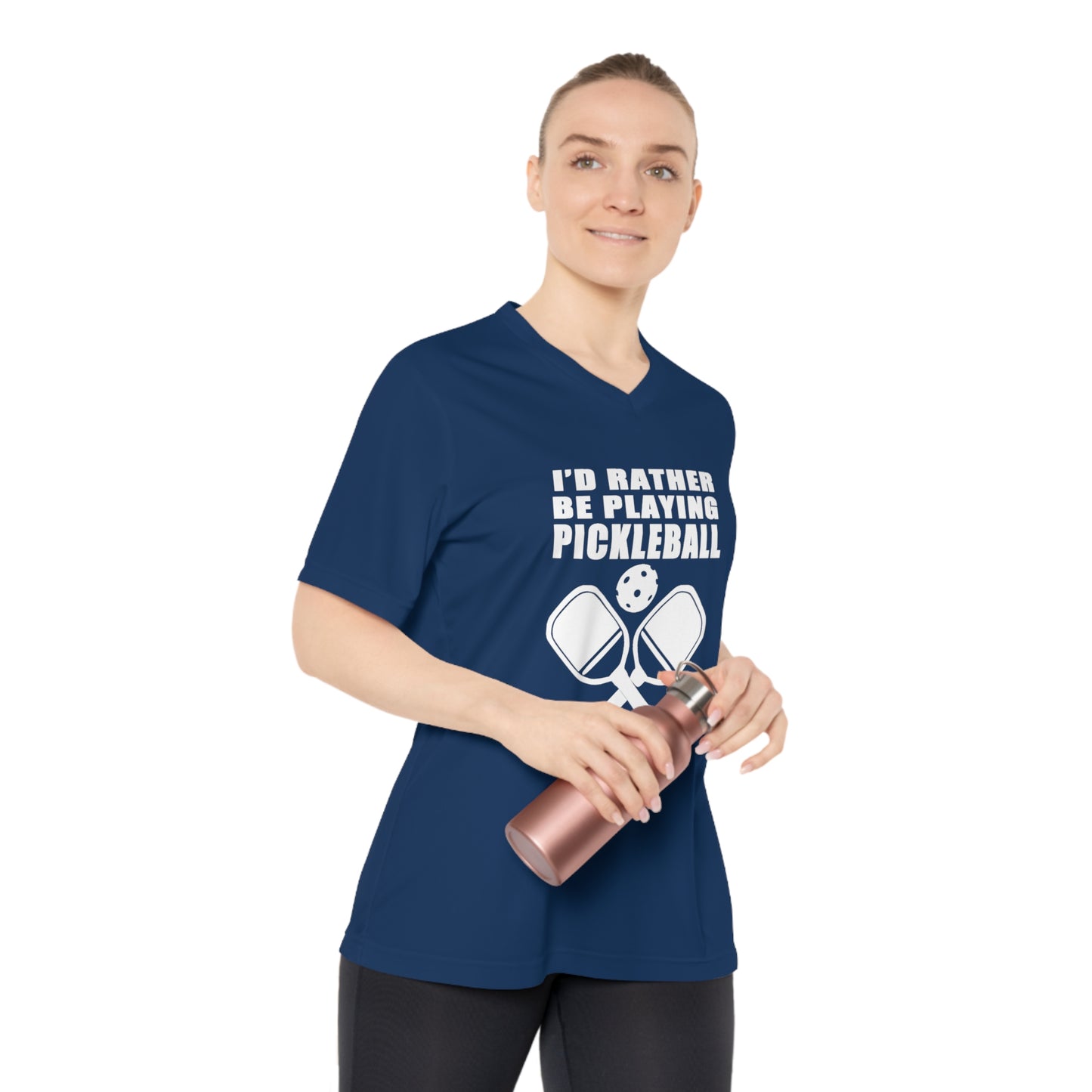 white pickleball I'd rather be playing - Women's Performance V-Neck T-Shirt, ID RATHER BE PLAYING, pickleball, pickle ball, workout top, workout shirt, pickleball shirt, heart, pickleball heart, I love pickleball,