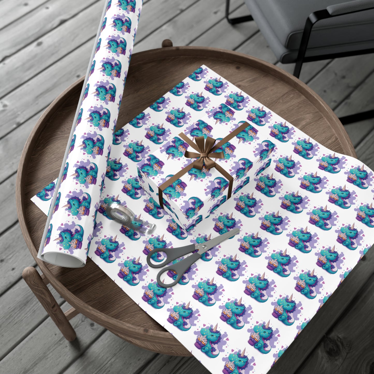 (white) cute dragon with cupcake, dragon, dragon wrapping paper, dragon gift wrap, birthday, birthday party, gift wrap, wrapping paper, happy birthday, cute dragon