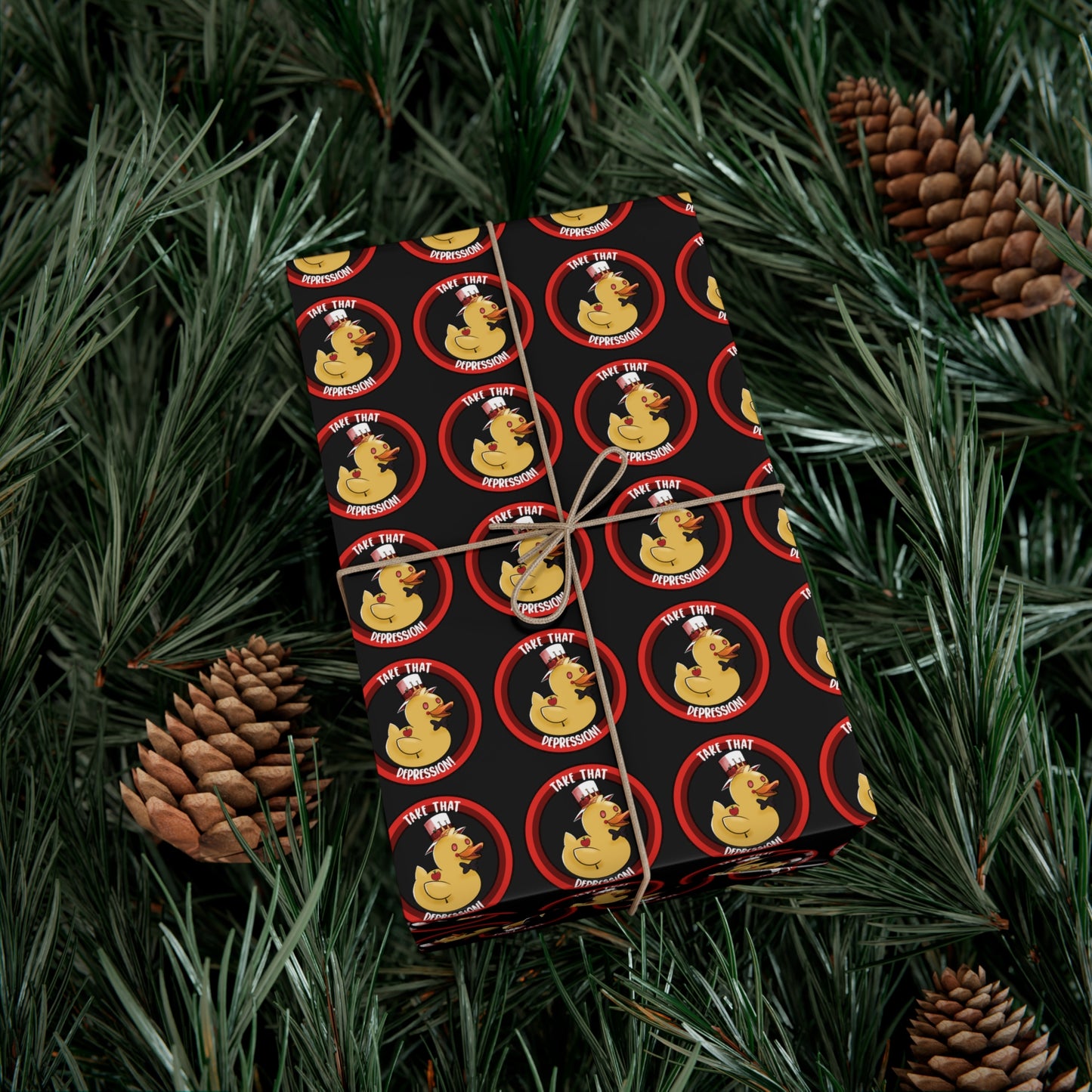 (black background) take that depression gift wrap, take that depression, take that depression wrapping paper, wrapping paper, gift wrap, rubber duck, rubber duckey, duck, parody, inside joke