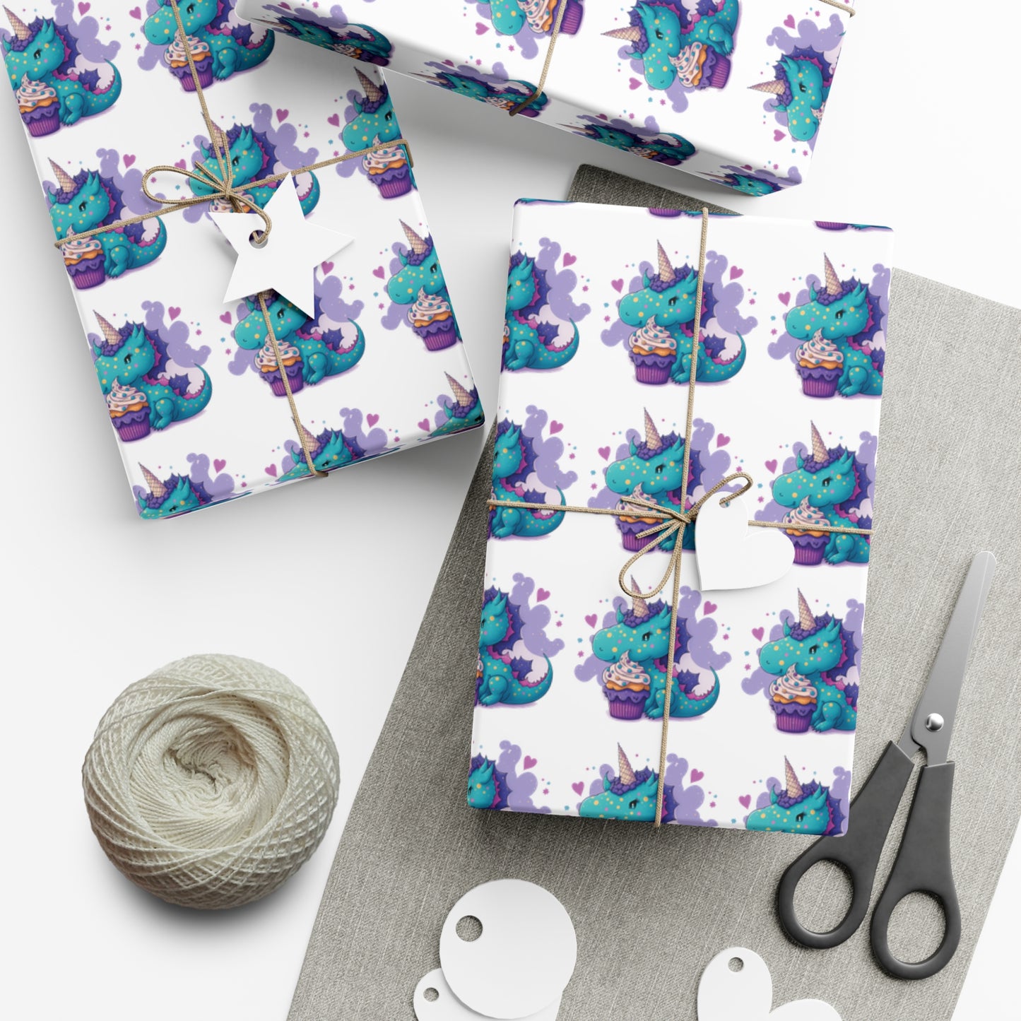 (white) cute dragon with cupcake, dragon, dragon wrapping paper, dragon gift wrap, birthday, birthday party, gift wrap, wrapping paper, happy birthday, cute dragon