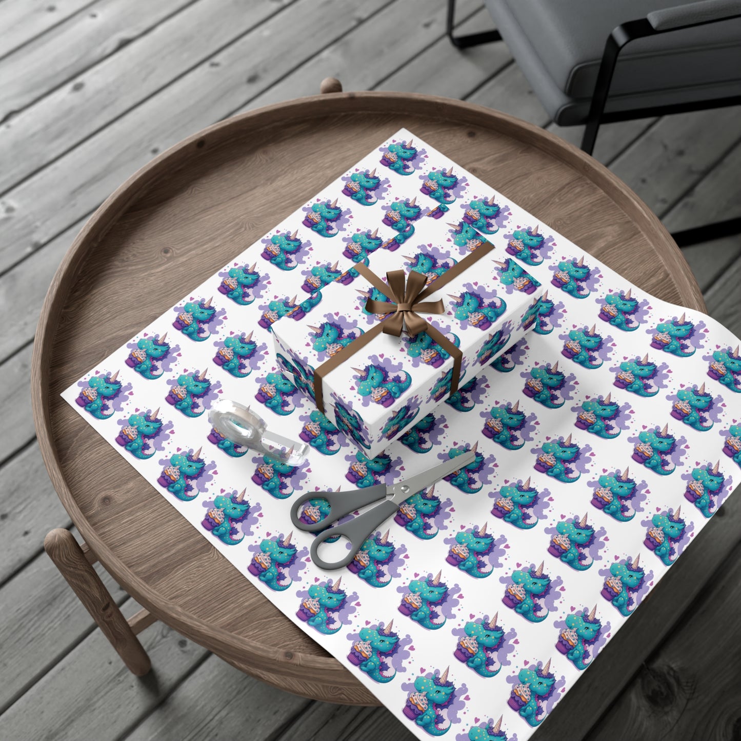 (white) cute dragon with cupcake, dragon, dragon wrapping paper, dragon gift wrap, birthday, birthday party, gift wrap, wrapping paper, happy birthday, cute dragon