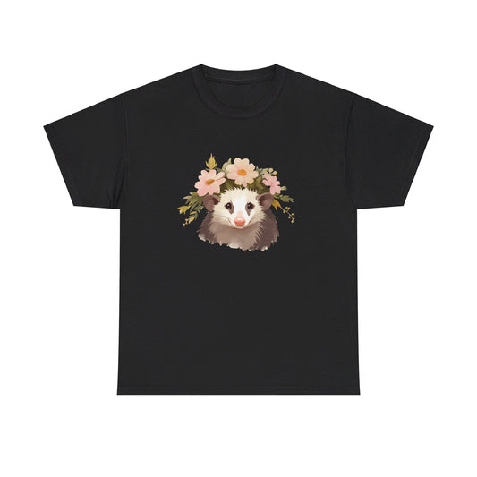 possum with flower crown, Unisex Heavy Cotton Tee, possum shirt, flower crown, pretty possum, opossum shirt, opossum tshirt, possum tshirt, oppi