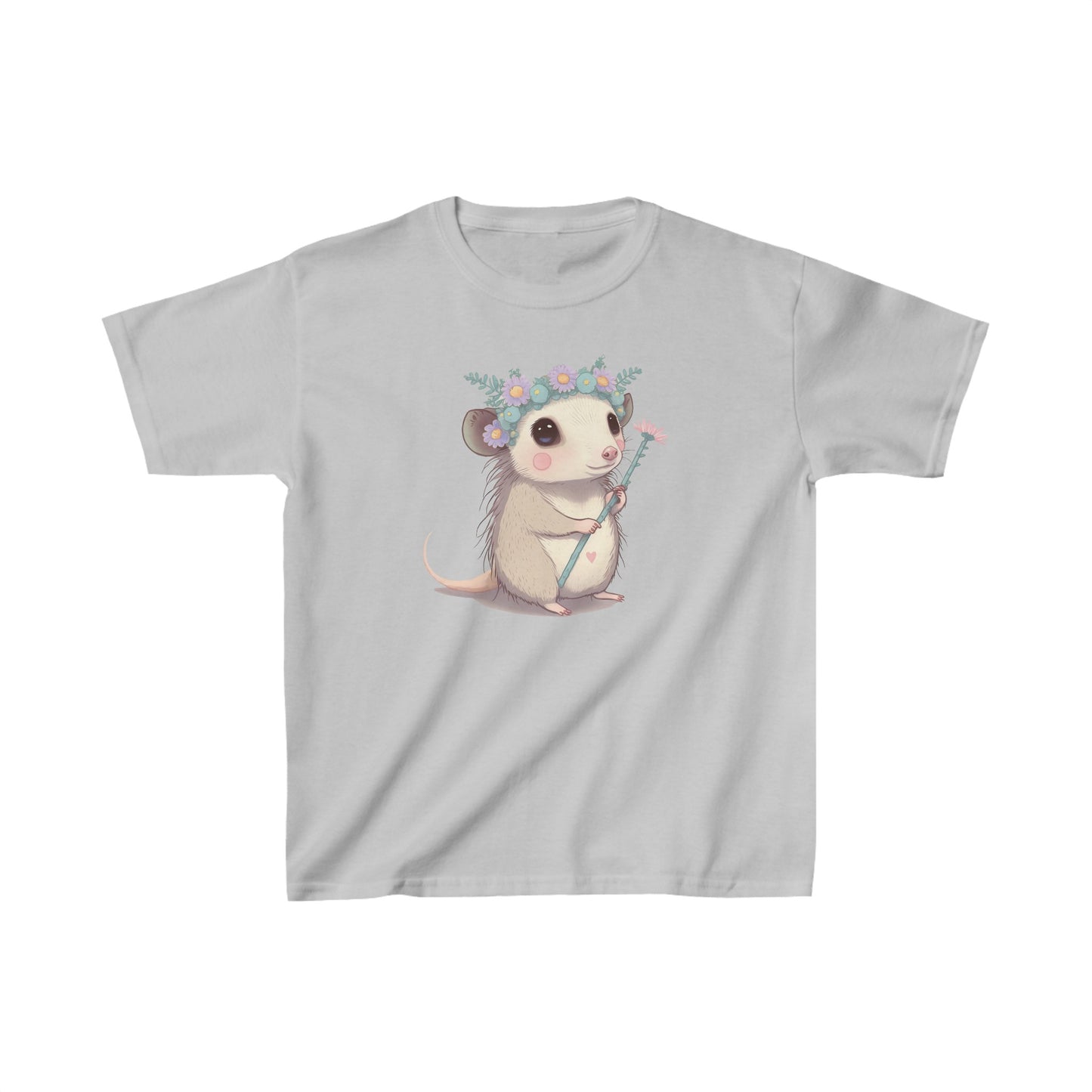 Sweet opossum - Kids Heavy Cotton™ Tee, possum, opossum, flower crown, flower, princess, sweet, cute, flowers, cute shirt, girls, wildlife, nature