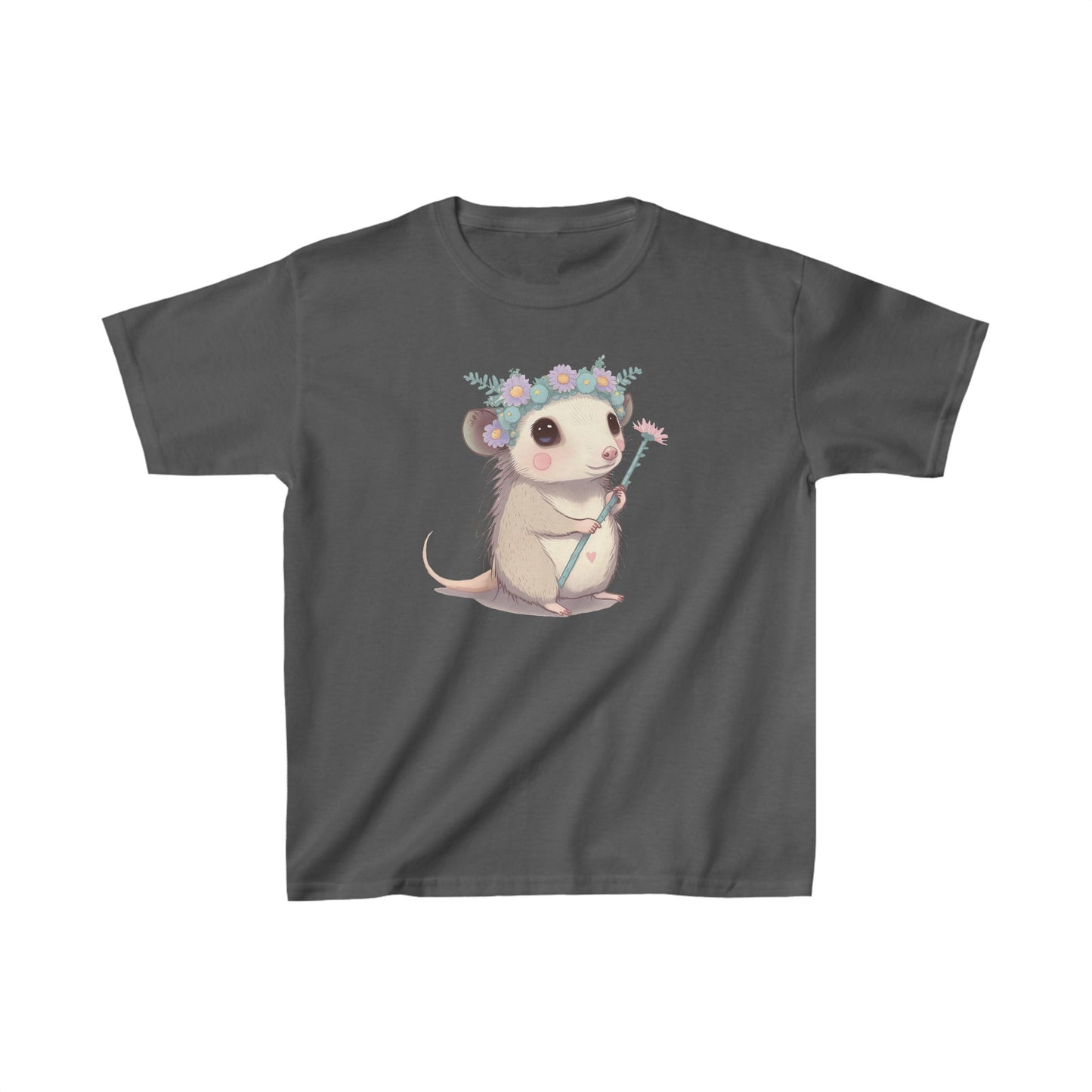 Sweet opossum - Kids Heavy Cotton™ Tee, possum, opossum, flower crown, flower, princess, sweet, cute, flowers, cute shirt, girls, wildlife, nature