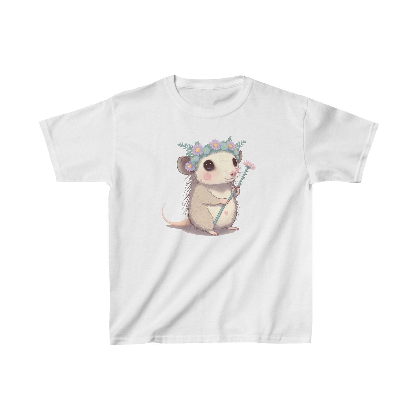 Sweet opossum - Kids Heavy Cotton™ Tee, possum, opossum, flower crown, flower, princess, sweet, cute, flowers, cute shirt, girls, wildlife, nature