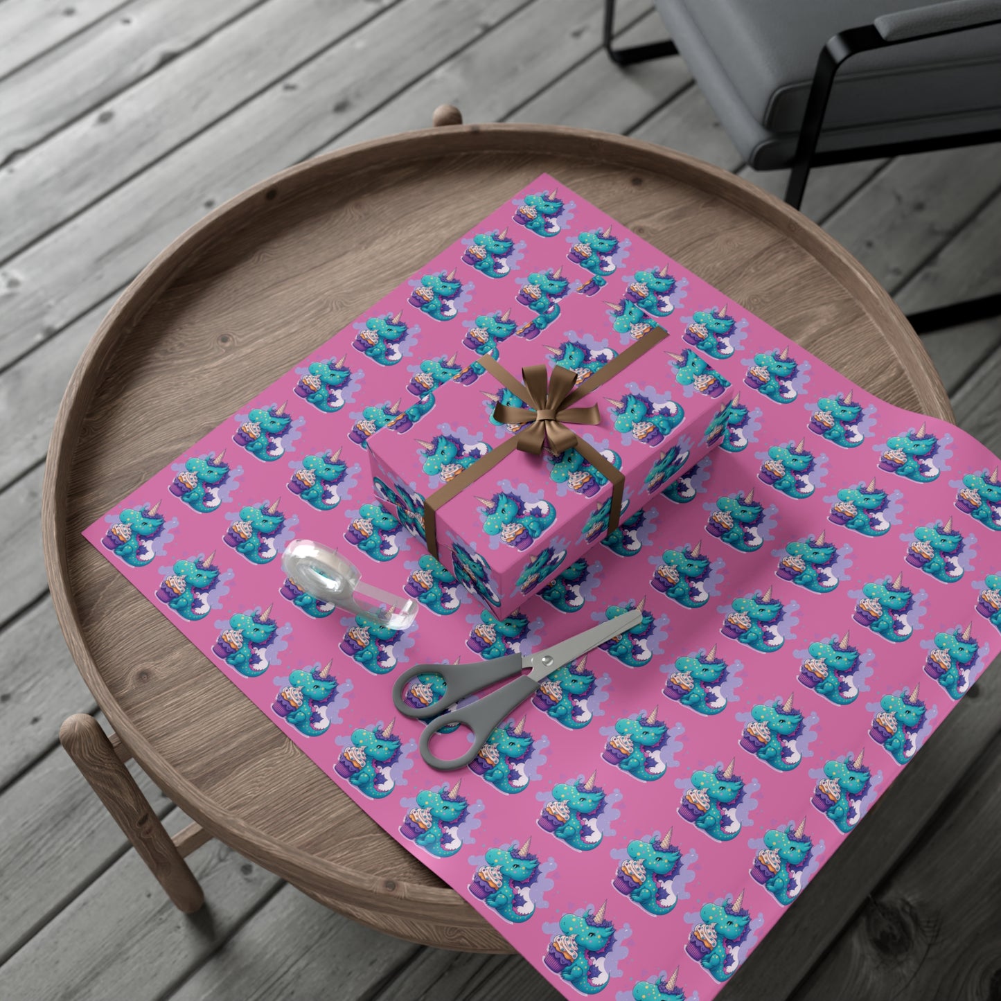 (pink) cute dragon with cupcake, dragon, dragon wrapping paper, dragon gift wrap, birthday, birthday party, gift wrap, wrapping paper, happy birthday, cute dragon