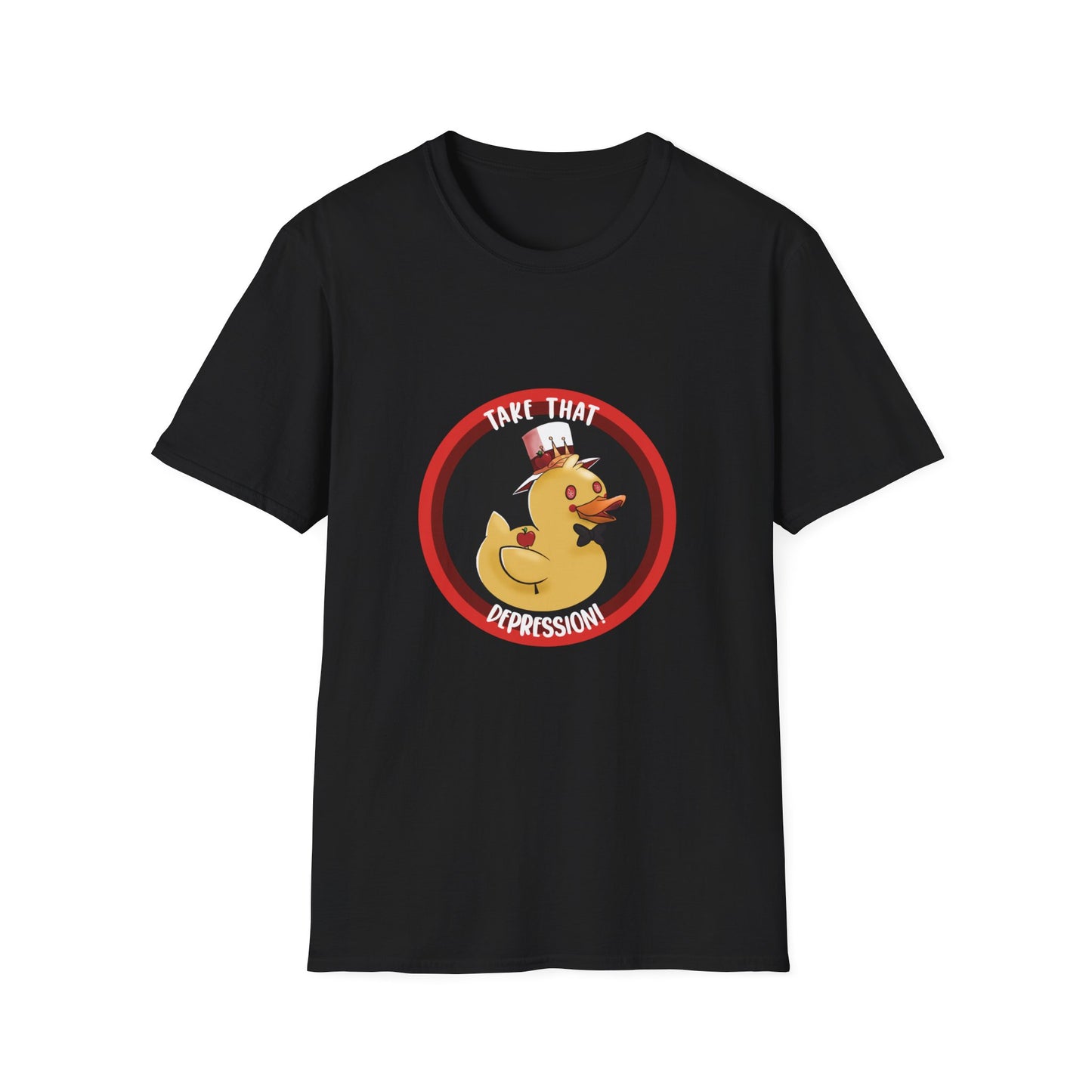 take that depression, Unisex Softstyle T-Shirt, duck, rubber duck, hotel, take that, parody, inside joke, nerdy, fancy duck