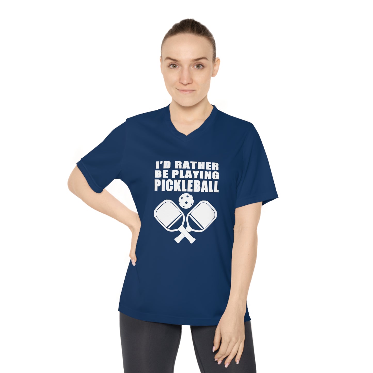 white pickleball I'd rather be playing - Women's Performance V-Neck T-Shirt, ID RATHER BE PLAYING, pickleball, pickle ball, workout top, workout shirt, pickleball shirt, heart, pickleball heart, I love pickleball,