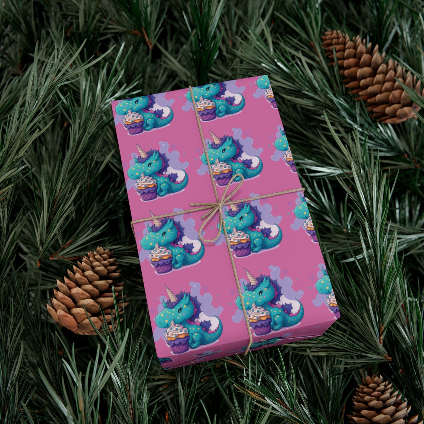 (pink) cute dragon with cupcake, dragon, dragon wrapping paper, dragon gift wrap, birthday, birthday party, gift wrap, wrapping paper, happy birthday, cute dragon